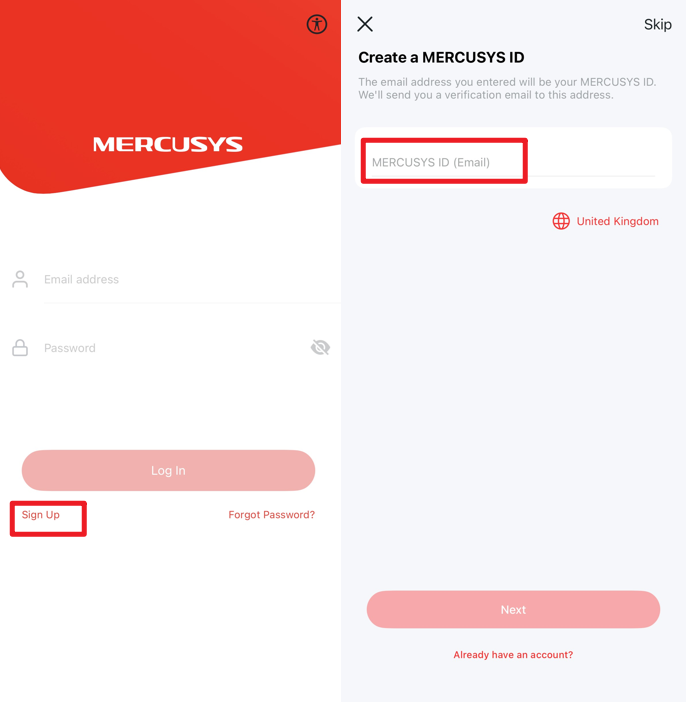 The sign up option and the MERCUSYS ID email box.