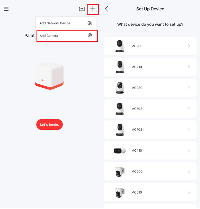 The add button on the top and the add camera option.