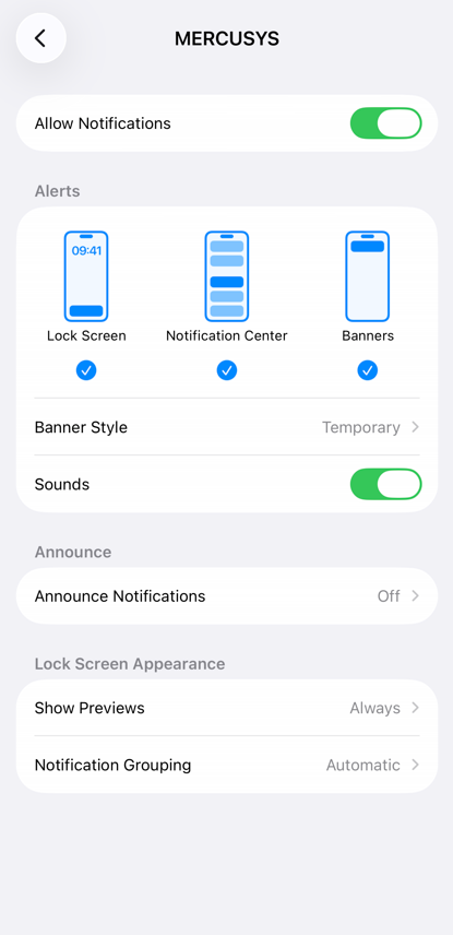 Notifications settings of the MERCUSYS App.