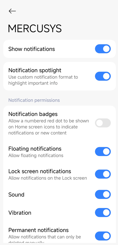 The notification settings of the MERCUSYS App.