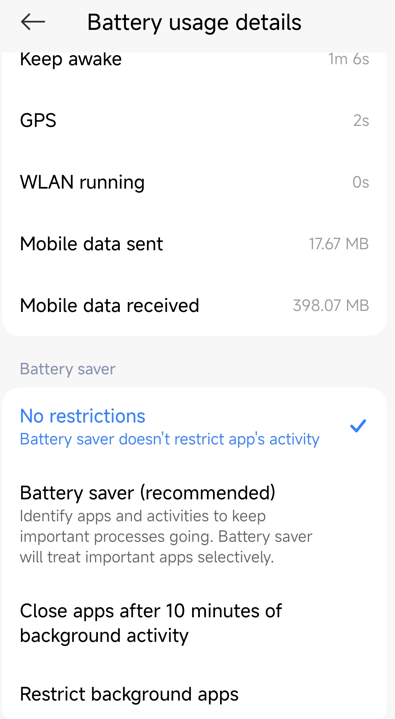 No restrictions option under battery settings.