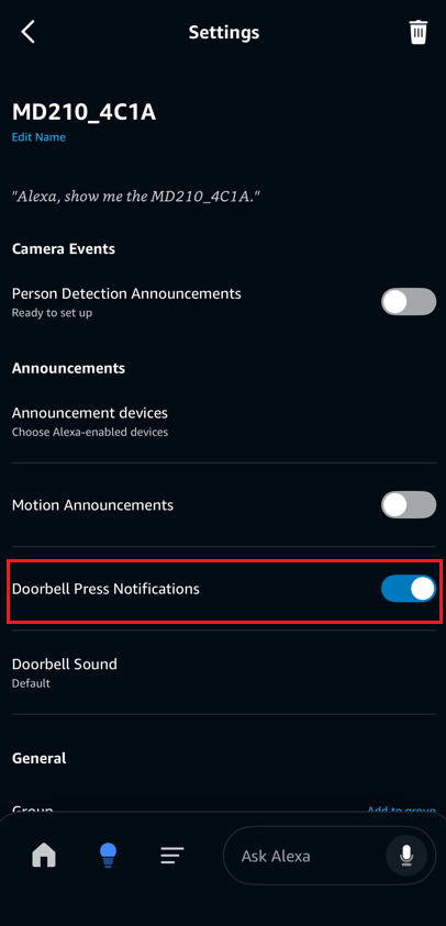 The doorbell press notifications button is on.