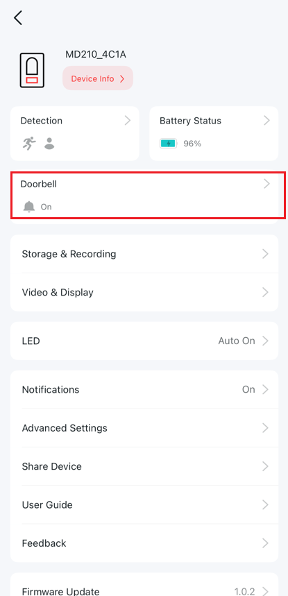 The doorbell option on the settings.