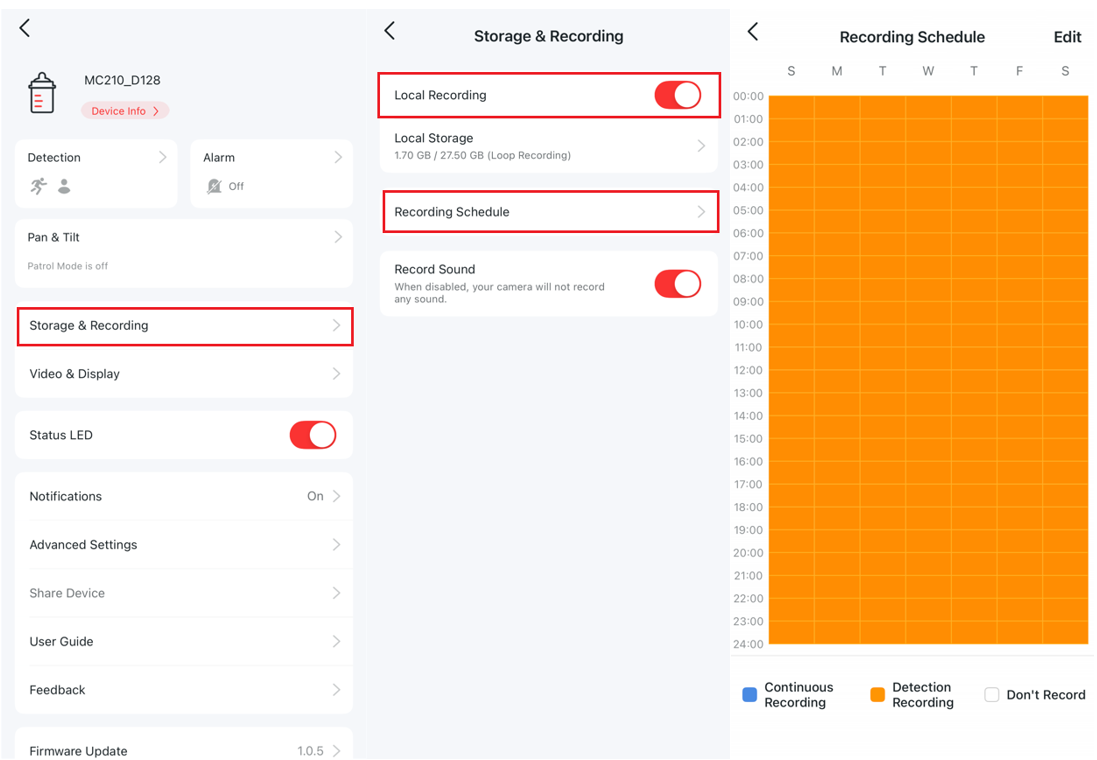 The storage and recording settings of the camera and the local recording button is enabled and the recording schedule settings.