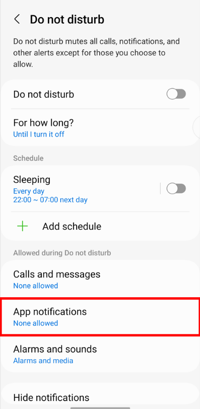 APP notifications settings on do not disturb settings of Samsung Galaxy S22+.