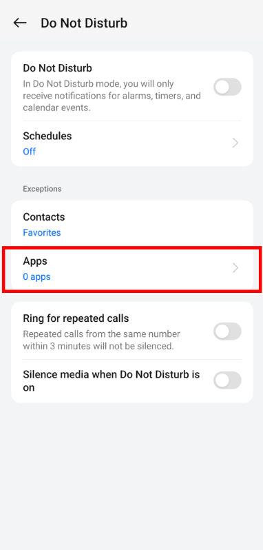 Apps settings on do not disturb settings of Oppo K12x.