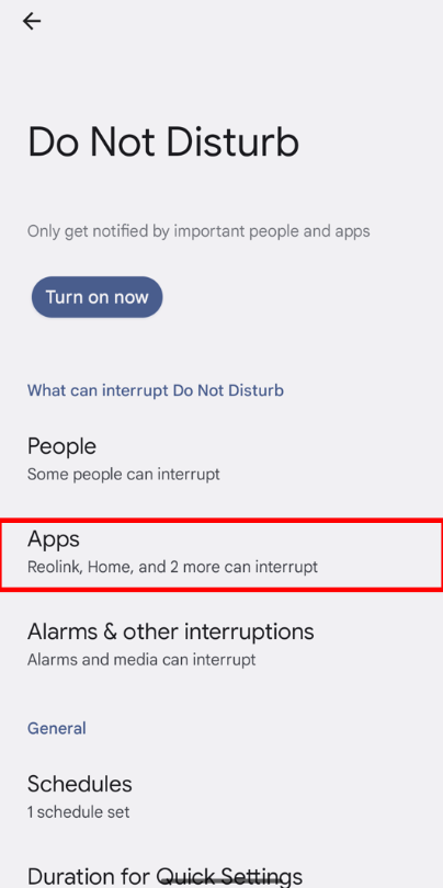 Apps settings on do not disturb settings of Pixel 4.