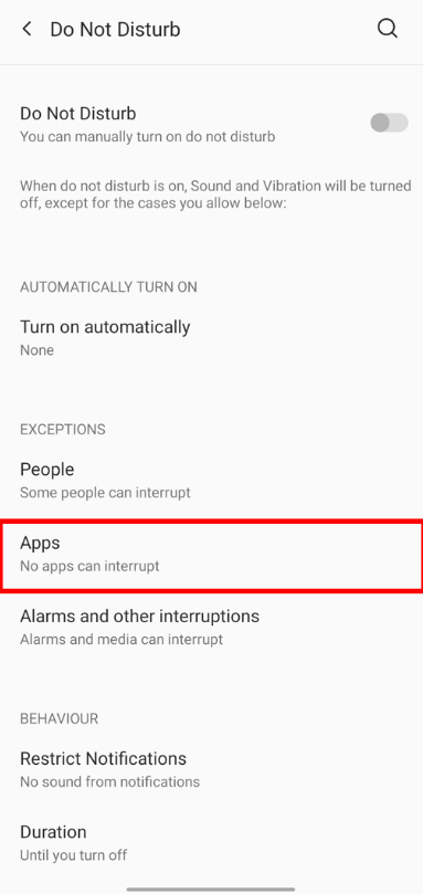 Apps settings on do not disturb settings of OnePlus 7T.