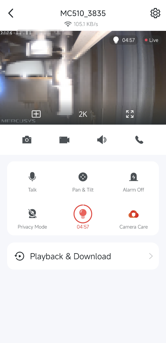 Locate the light button in the live view page.