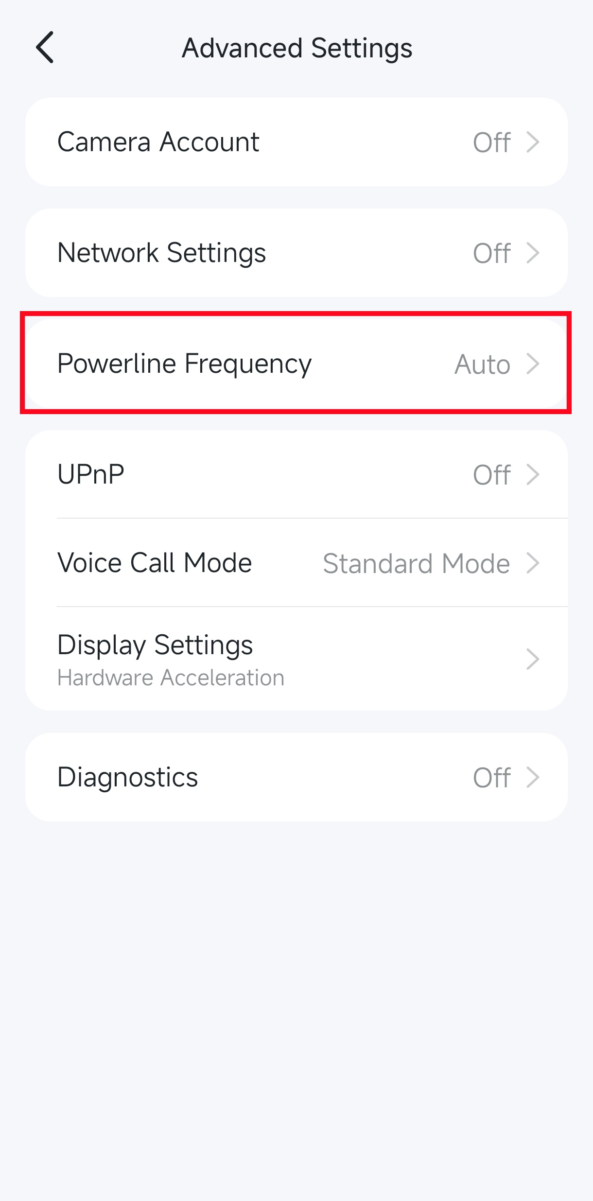 The Powerline Frequency position in the app.