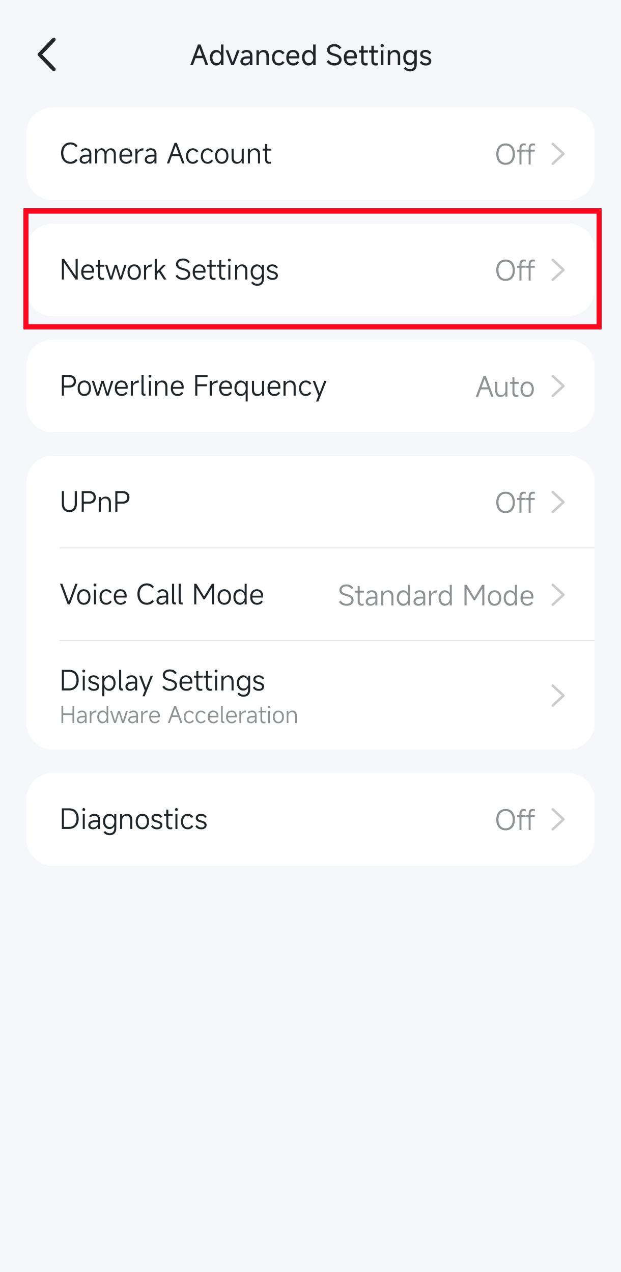 The Network Settings position in the app.