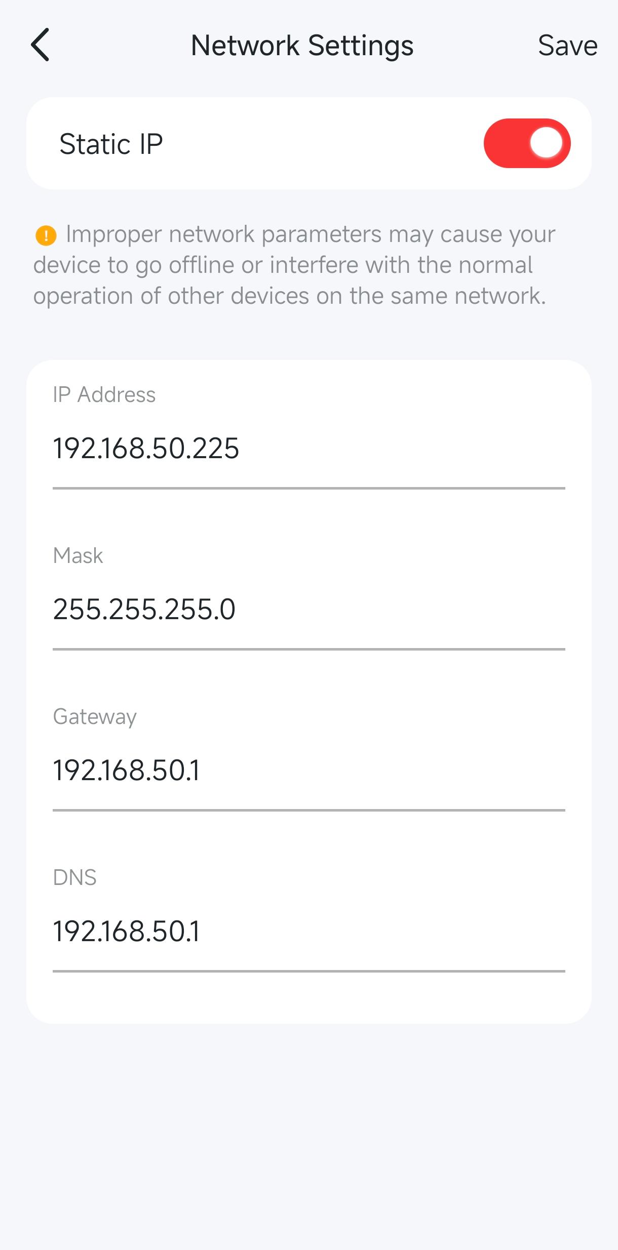 Enable the Static IP button.