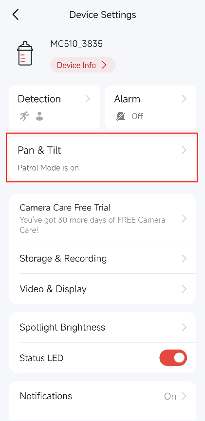 “Pan & Tilt” option in the app.
