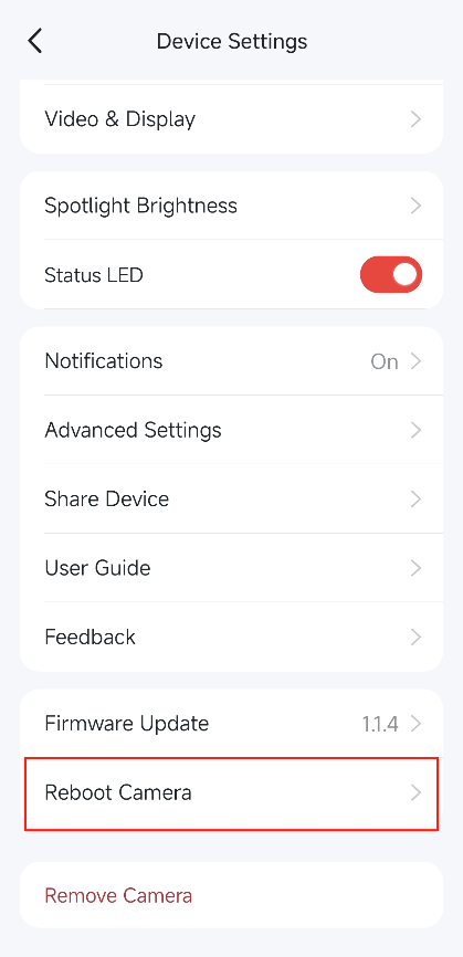 “Reboot Camera” option in the app.