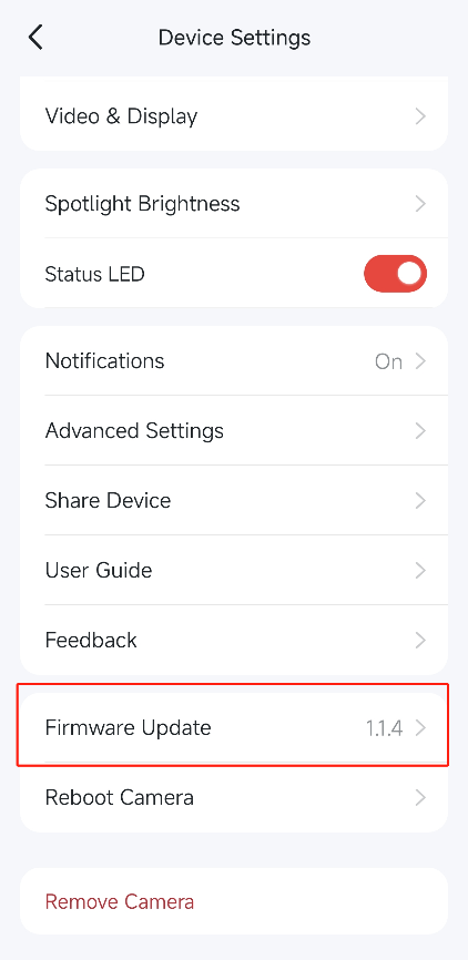 “Firmware Update” option in the app.