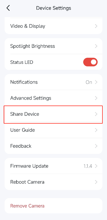 “Share Device” option in the app.