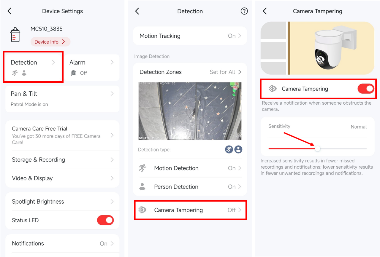 Enable the Camera Tampering Detection.