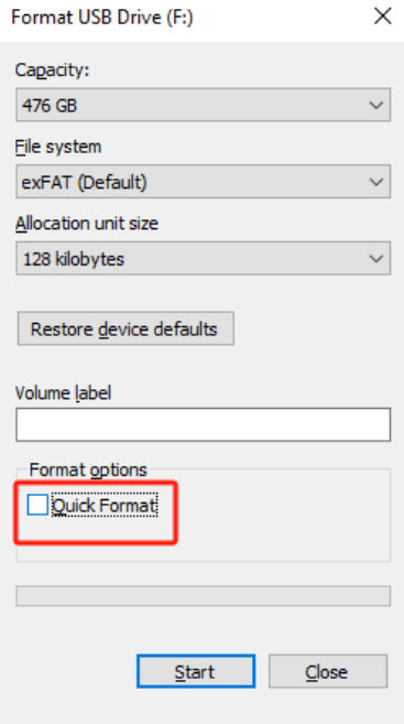Uncheck "Quick format".