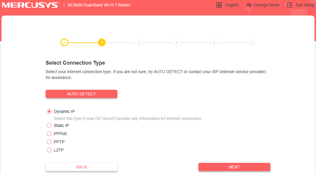 Screenshot of “Select Connection Type” screen with Dynamic IP selected.