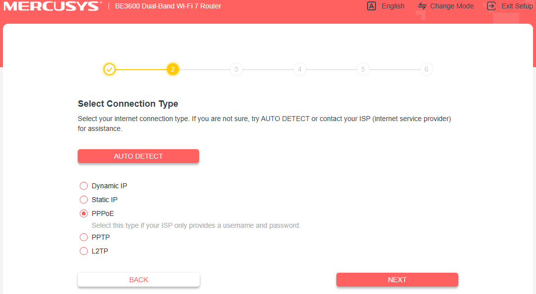 Screenshot of “Select Connection Type” screen with PPPoE selected.