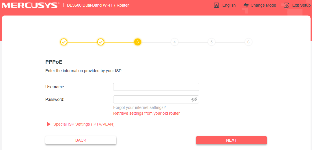 Screenshot of PPPoE credentials entry screen.