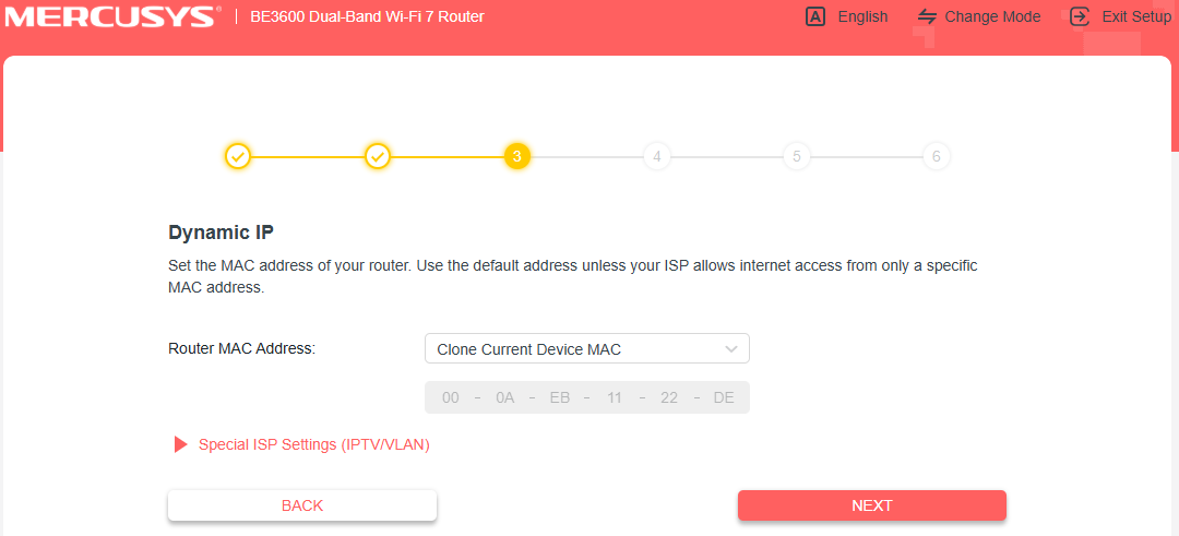 Screenshot of Dynamic IP MAC address selection screen with “Use Default MAC Address” option.