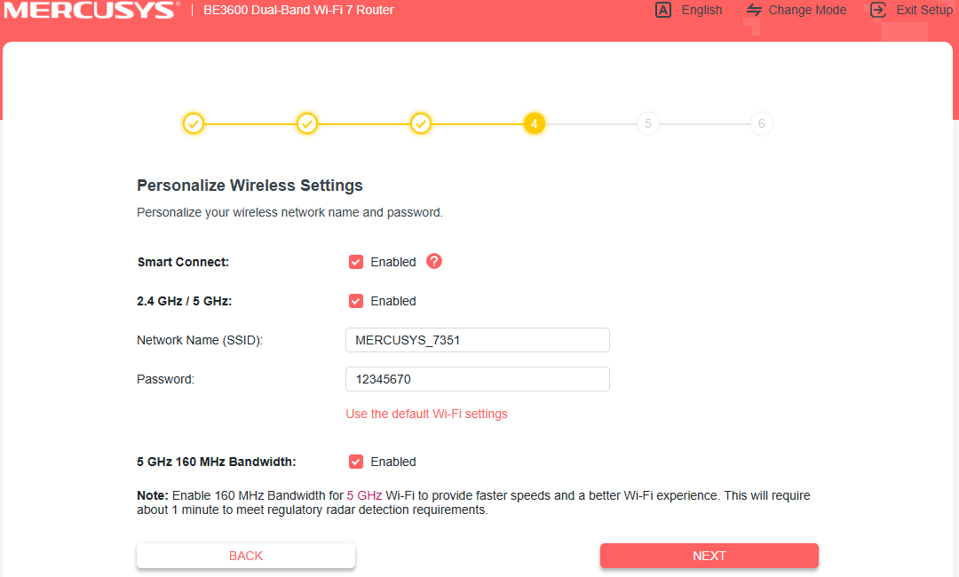 Screenshot of “Personalize Wireless Settings” screen with Smart Connect enabled and network name and password fields.