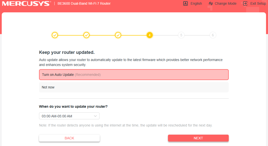 Screenshot of firmware update preference screen with “Turn on Auto Update” and “Not now” options.
