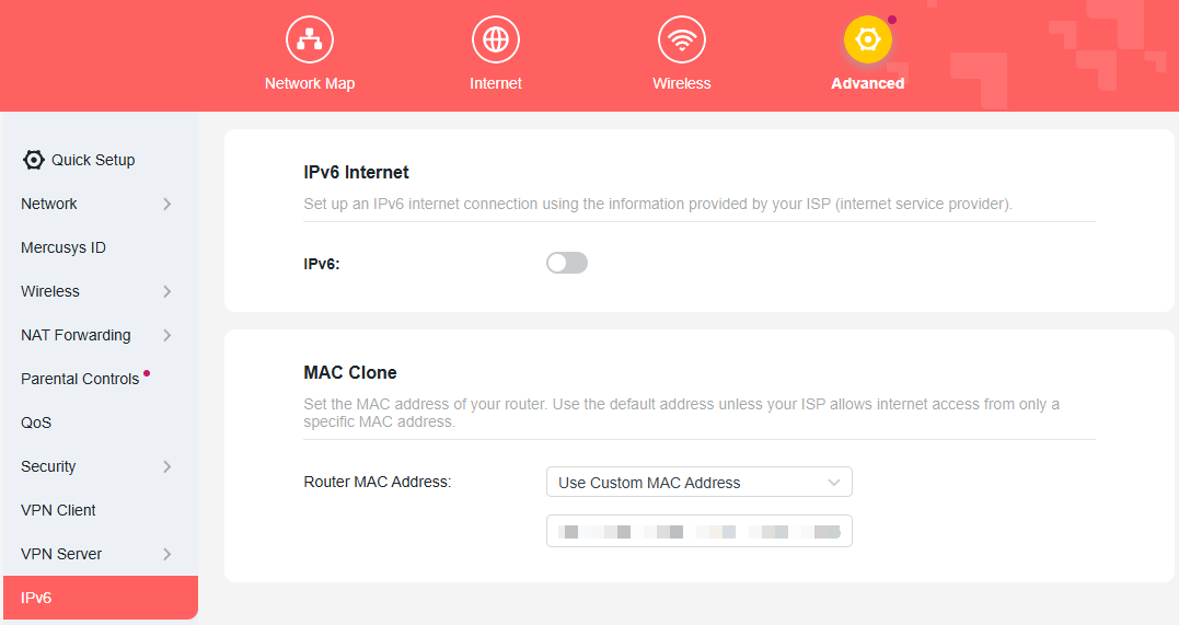Display the “IPv6” option on the web page.