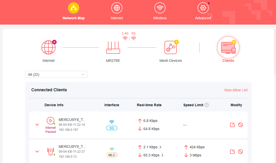 On “Network Map” page, click “Clients” to show client list.