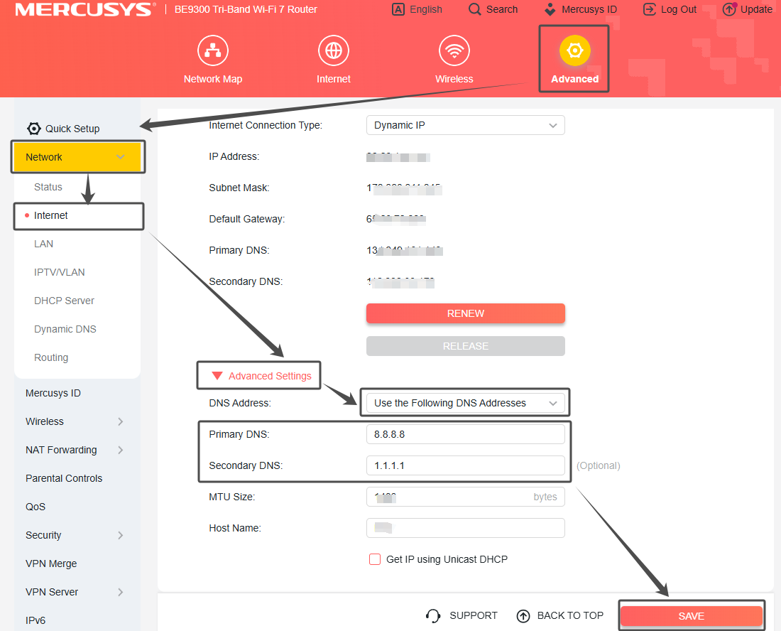 MERCUSYS  router web management page showing the Advanced Settings section under Advanced > Network > Internet, with Primary DNS set to 8.8.8.8 and Secondary DNS set to 1.1.1.1, and the SAVE button highlighted.