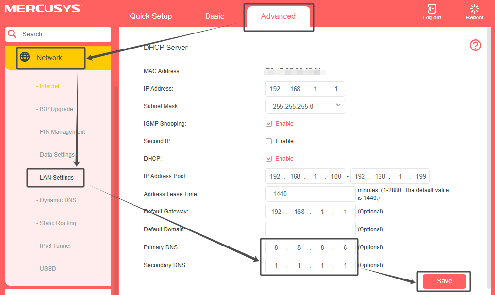 MERCUSYS 5G/4G Router web management page showing Primary DNS set to 8.8.8.8 and Secondary DNS set to 1.1.1.1 directly under Advanced > Network > LAN Settings, with the Save button highlighted.