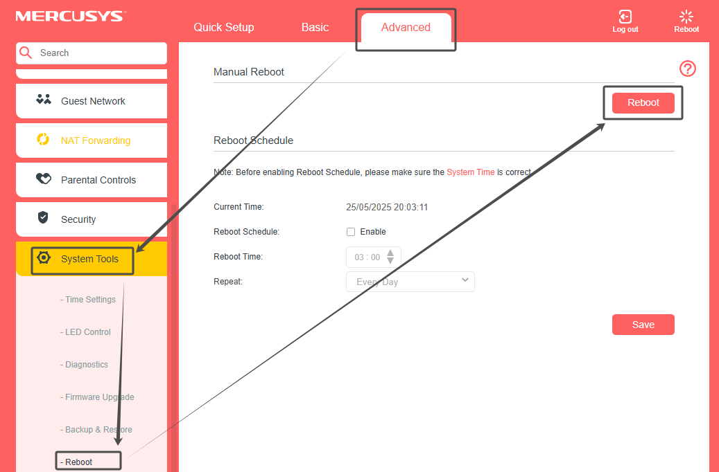 MERCUSYS 5G/4G Router web management page showing the Reboot option under System Tools, with the Reboot button highlighted.