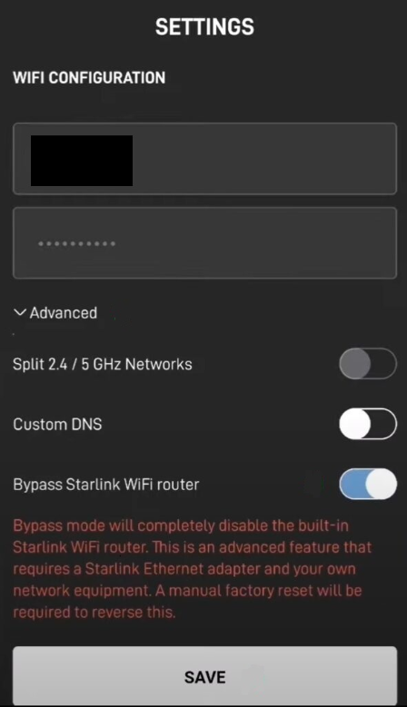 WiFi Configuration page on the Starlink app with Bypass Starlink Wi-Fi toggled on.
