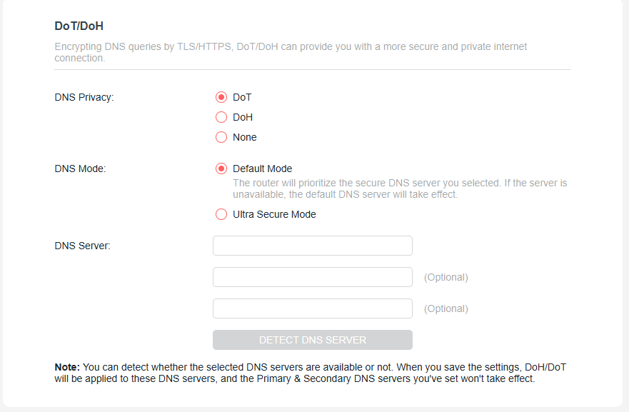 Alt: The DoT/DoH page shows DoT selected under DNS Privacy section and Default Mode selected under DNS mode section.