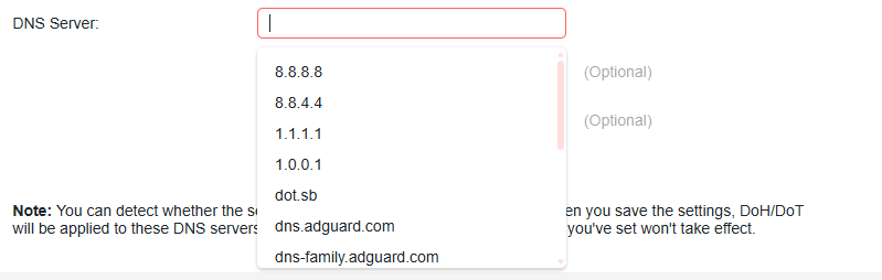 The DNS Server field shows a list of commonly used DoT/DoH servers.