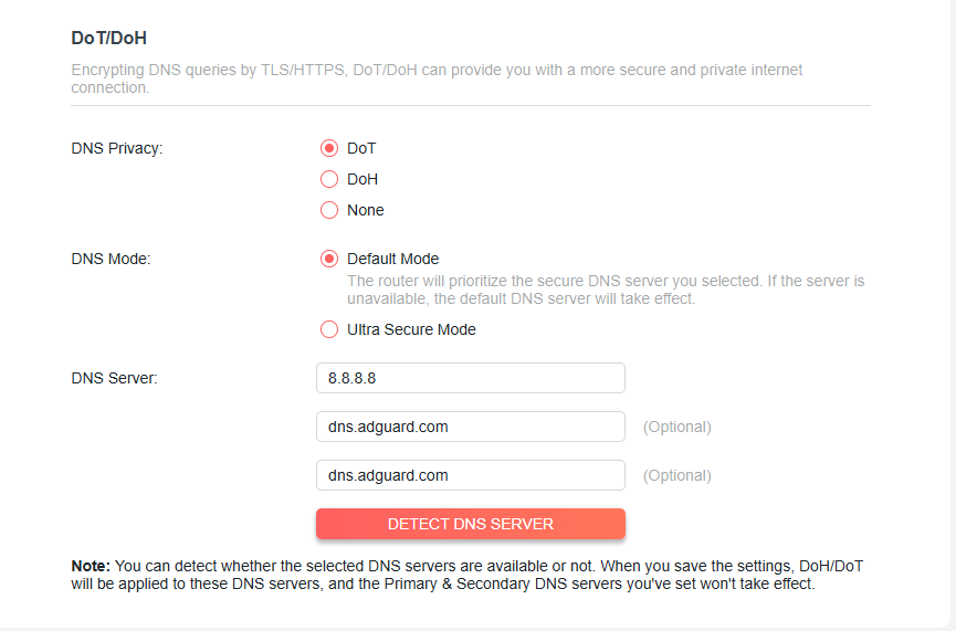 The DETECT DNS SERVER button highlighted in the DoT/DoH settings.