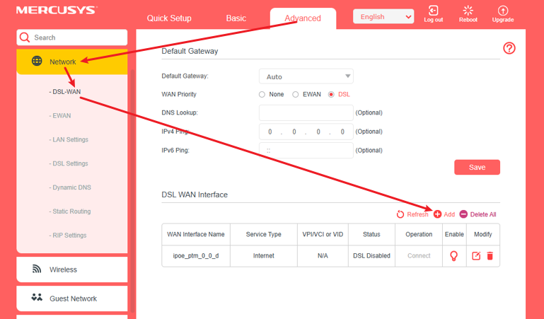 Arrows in the screenshot indicate the path to select DSL-WAN mode and add a profile.