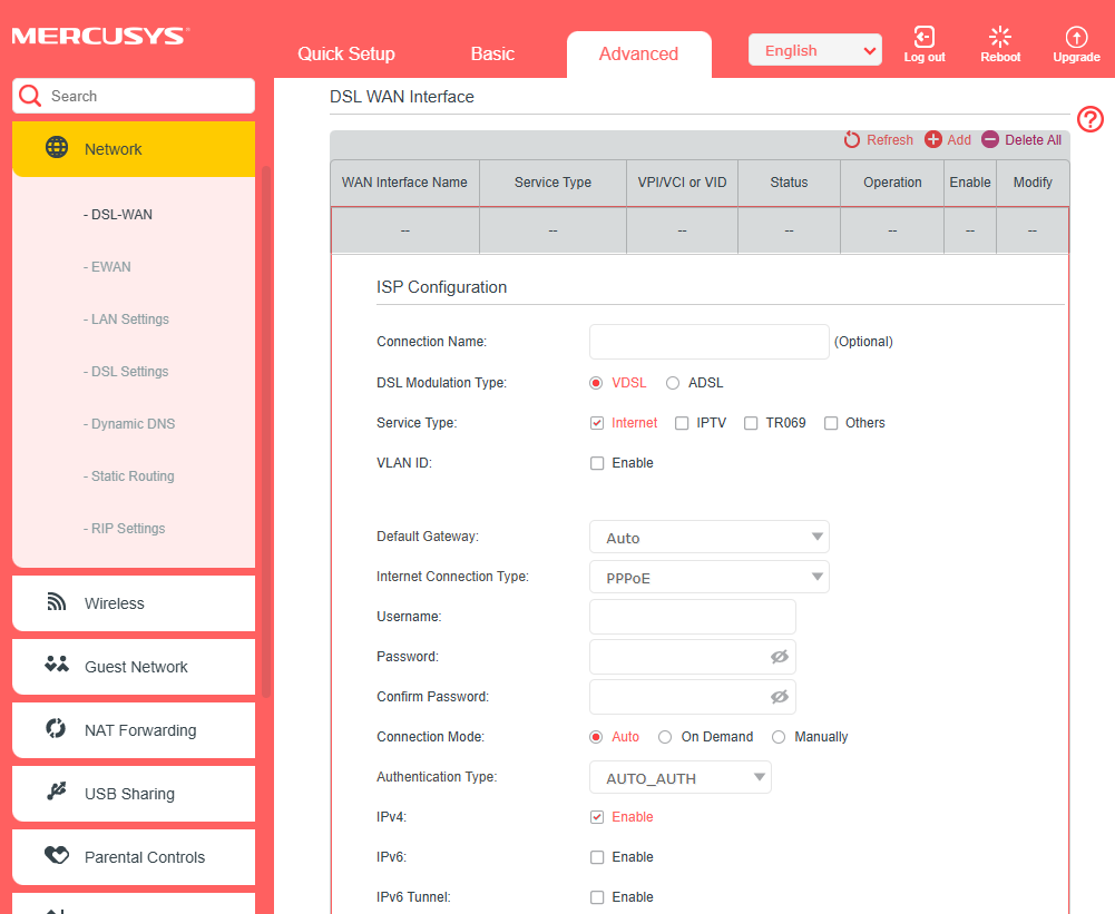 The screenshot shows all the relevant information required to configure the Modem router to DSL mode.