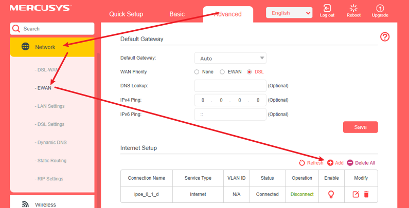 Arrows in the screenshot indicate the path to select EWAN mode and add a profile.