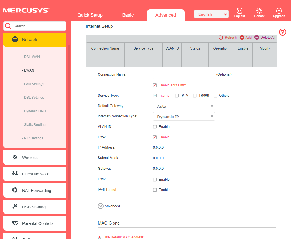 The screenshot shows all the relevant information required to configure the Modem router to EWAN mode.