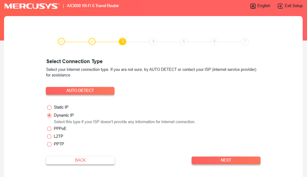 The screenshot shows that you could select the Internet Connection Type from 4 options: Static IP, Dynamic IP, PPPOE, L2TP, and PPTP.