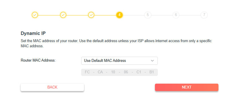 Select the router MAC address page and ensure Use Default MAC Address is selected.