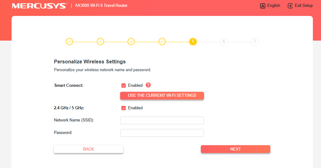 Personalize Wireless Settings page, with Smart Connect and 2.5GHz/5GHz enabled.