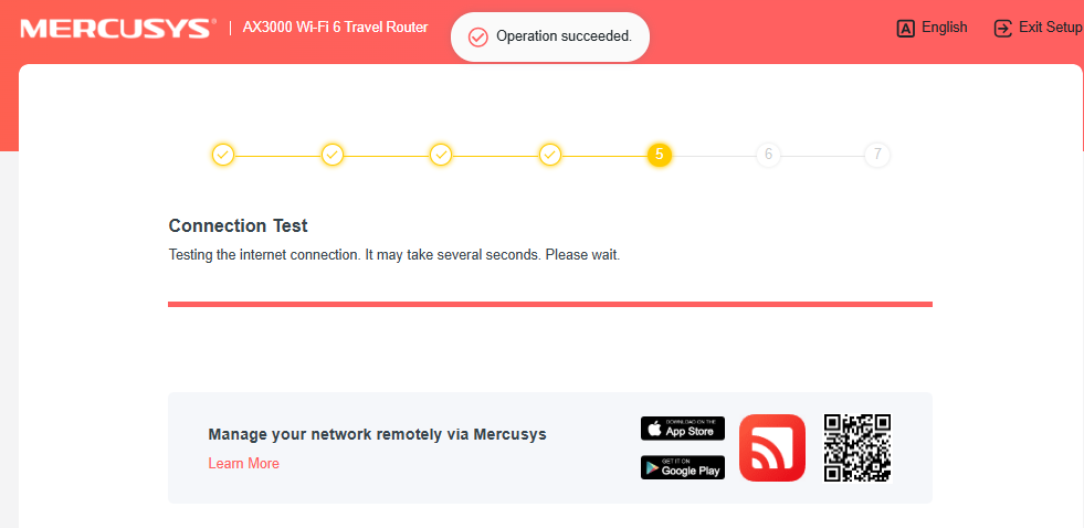 Internet Connection Test page shows operation succeeded.