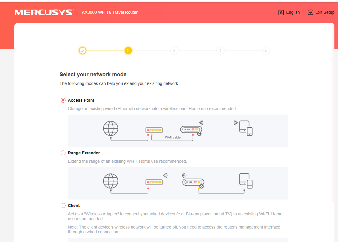 Select the network mode page.
