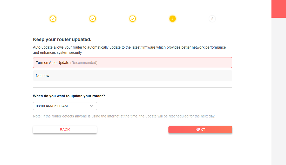 The screenshot shows that you should choose a time to update the router.