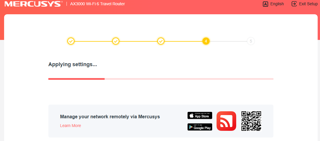 The screenshot shows that the "applying settings" progress bar is one-third full.