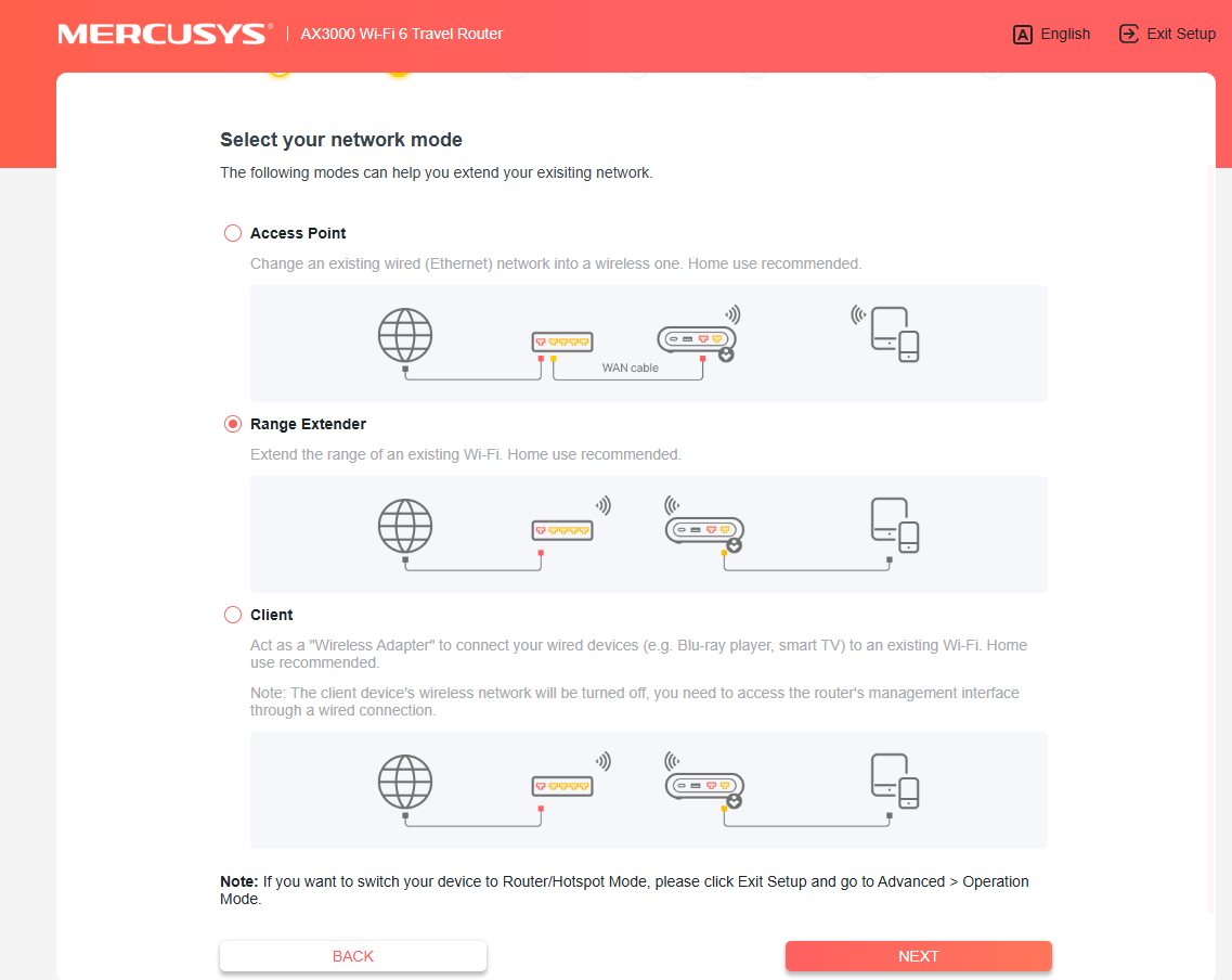 Select the network mode page.