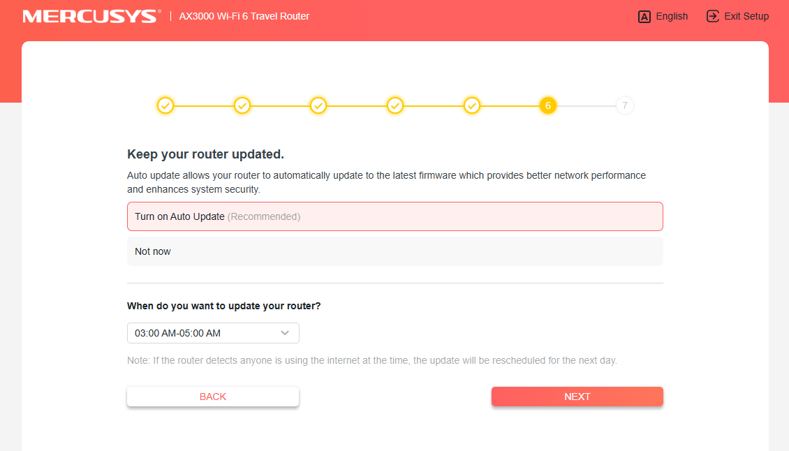 The screenshot shows that you should choose a time to update the router.